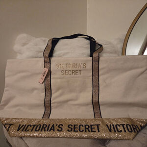 Victoria Secret Gold and Black Shimmer Canvas tote bag With zipper